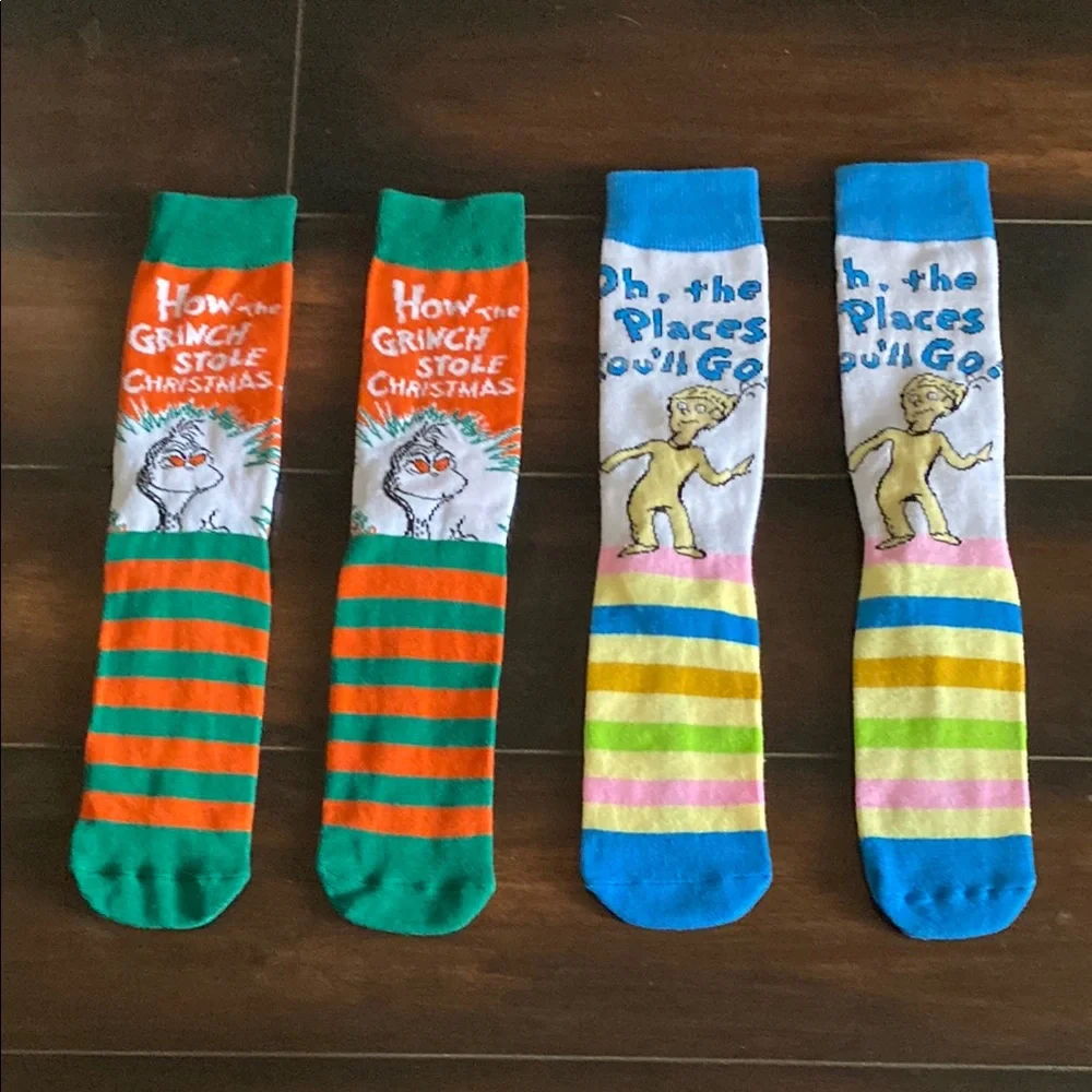 Dr. Seuss Themed Colorful Socks Set Oh the Places You'll Go, The Grinch